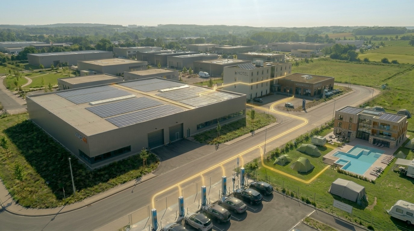 Vue aérienne d’une zone d’activités : les panneaux solaires du toit d’un entrepôt partagent leur énergie avec des bornes de recharge rapide, un hôtel et les bâtiments voisins